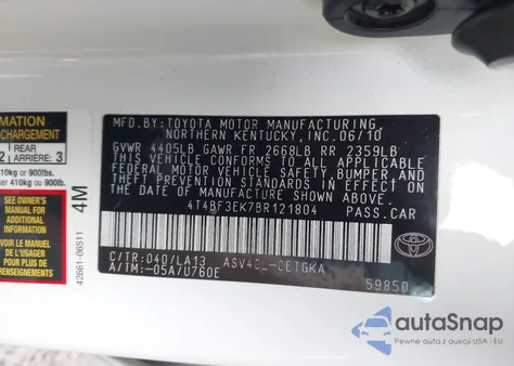 2011 Toyota Camry Xle из США, поврежденный, VIN 4T4BF3EK7BR121804